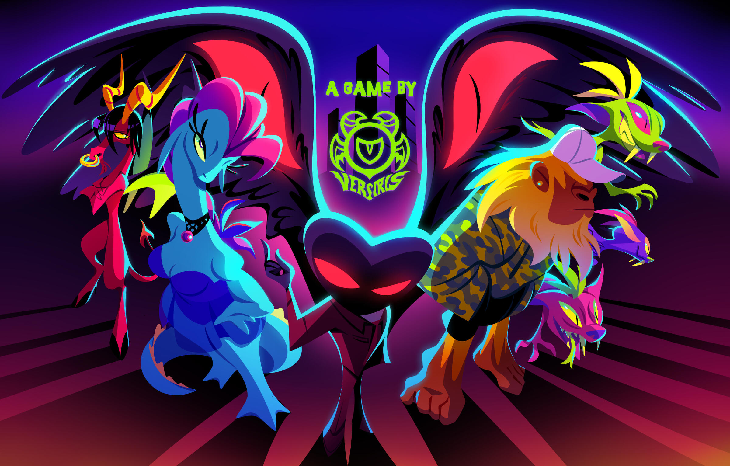 Cryptid characters art by Versiris from We Don't Exist game announcement promo featuring mothman, bigfoot, nessie and more